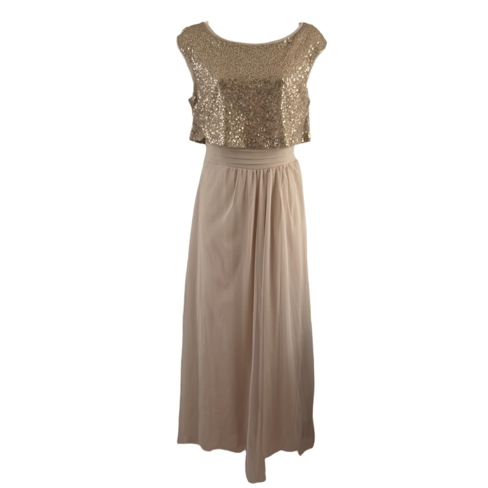 Rinascimento Dress Womens Small Beige Sequin Chiffon Maxi Gown Belted Italy Glam